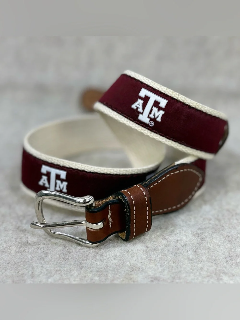 Texas A&M Brown Leather Belt with Maroon A&M Logo detail and Silver Buckle Sz 26